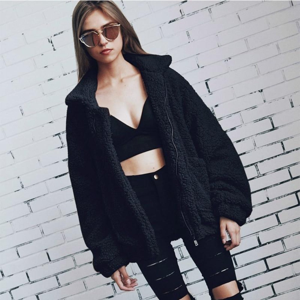 Street-wave Teddy Jacket Women Oversized Cozy Fleece Zip Front Casual Streetwear Coat
