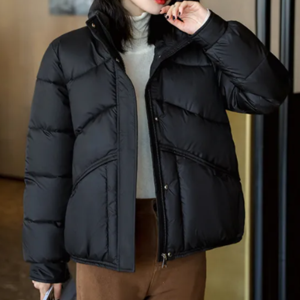 Streetwave Womens Puffer Jacket With High Collar And Front Zip For Modern Winter Style