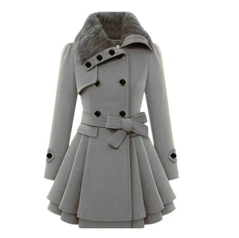 Street-Wave Elegant Wool Coat For Women With Double-Breasted Buttons And Belted Silhouette