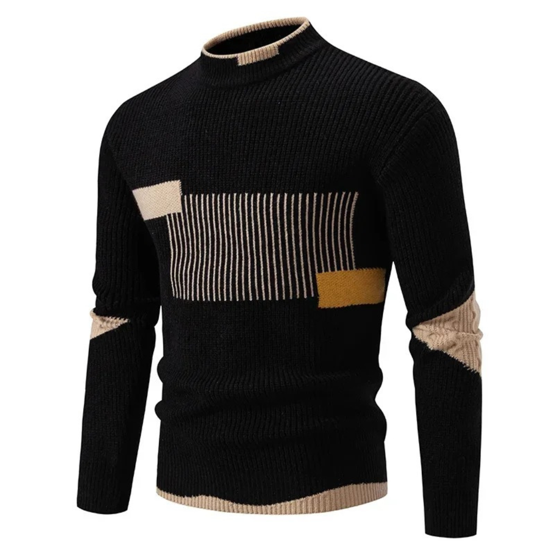 Men's Knit Sweater With Geometric Pattern And Ribbed Texture Long Sleeve Crewneck
