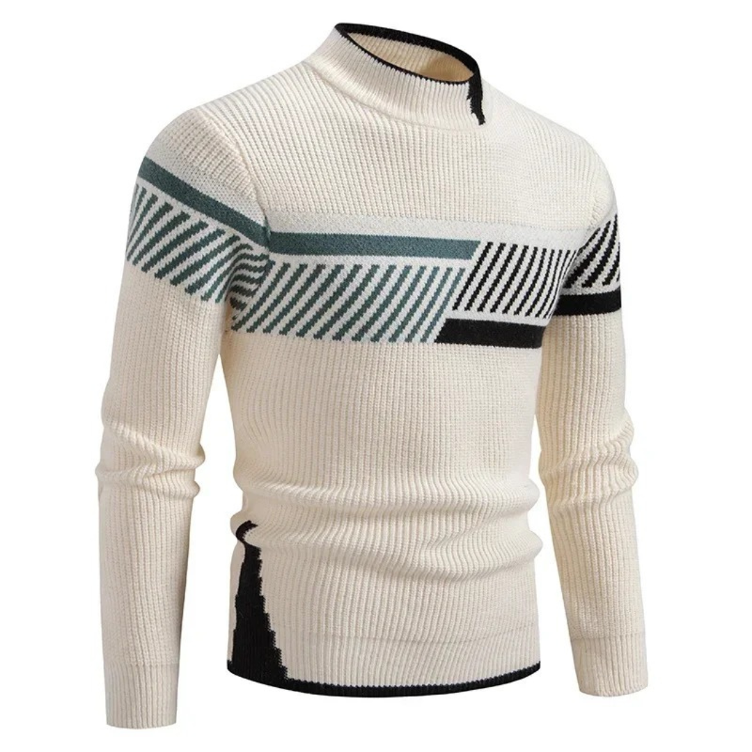 Men's Knit Sweater With Geometric Pattern And Ribbed Texture Long Sleeve Crewneck