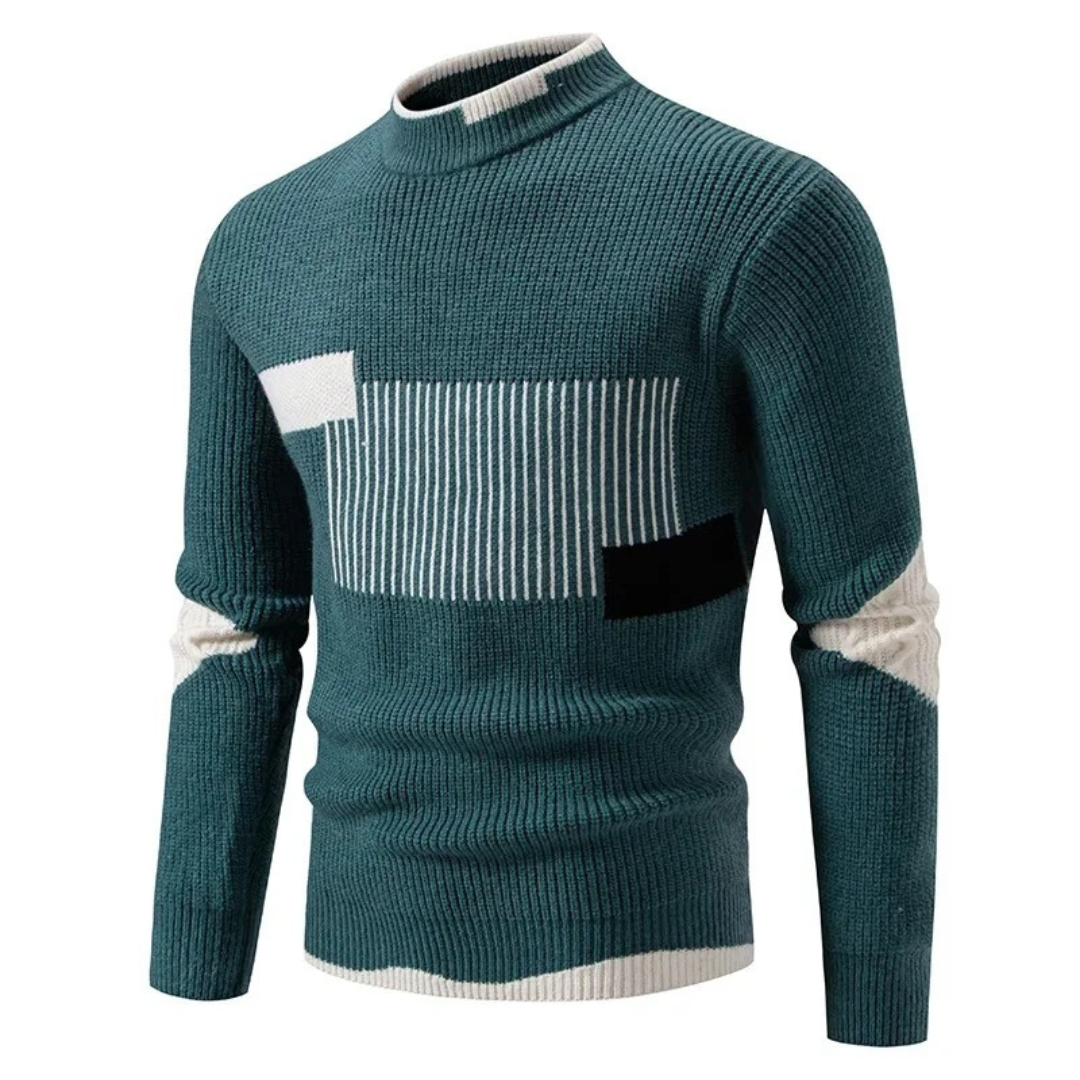 Men's Knit Sweater With Geometric Pattern And Ribbed Texture Long Sleeve Crewneck