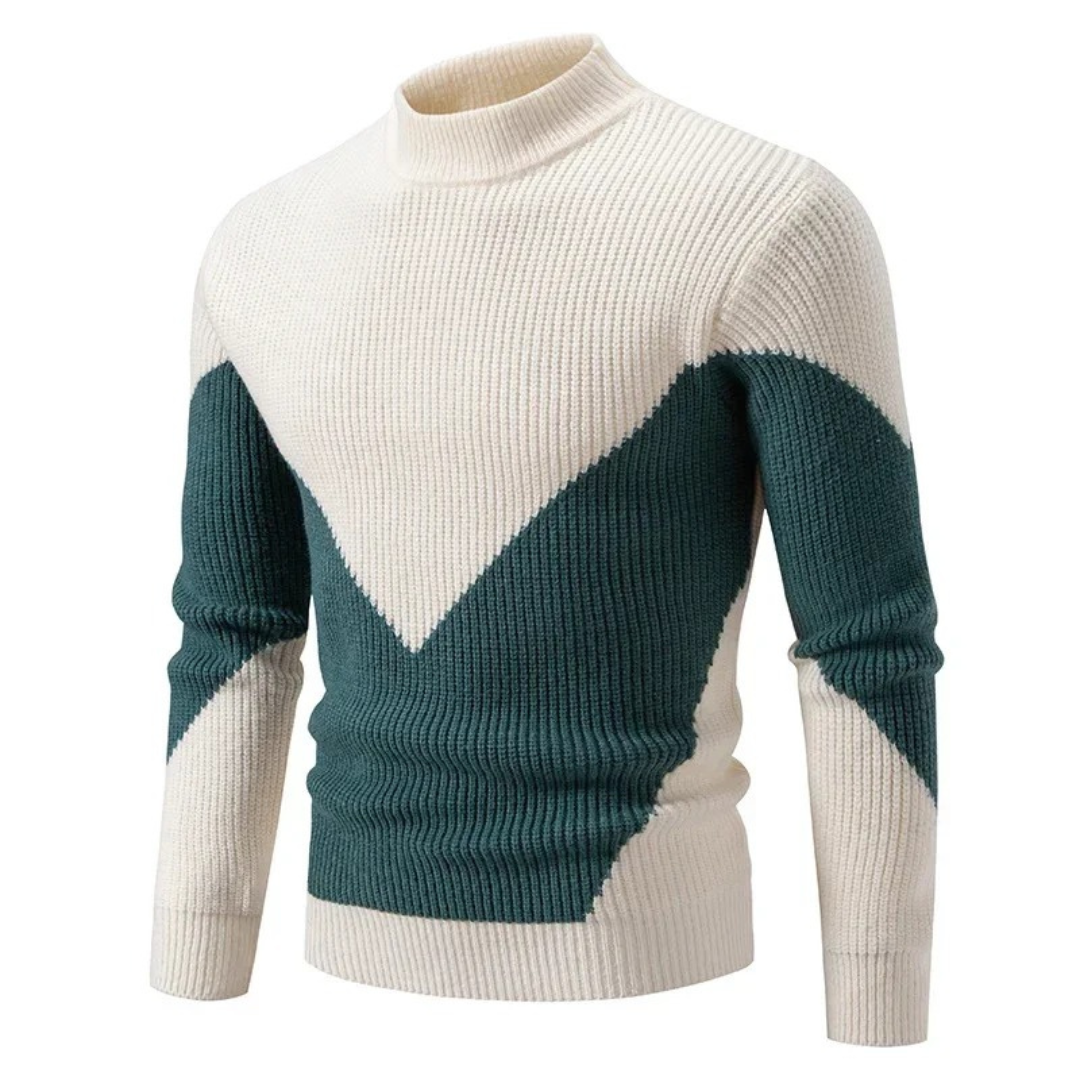 Men's Knit Sweater With Geometric Pattern And Ribbed Texture Long Sleeve Crewneck