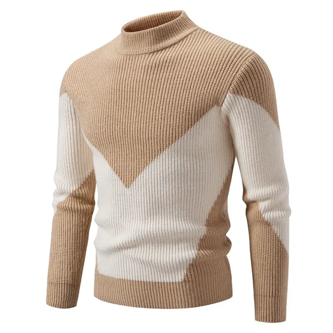 Men's Knit Sweater With Geometric Pattern And Ribbed Texture Long Sleeve Crewneck