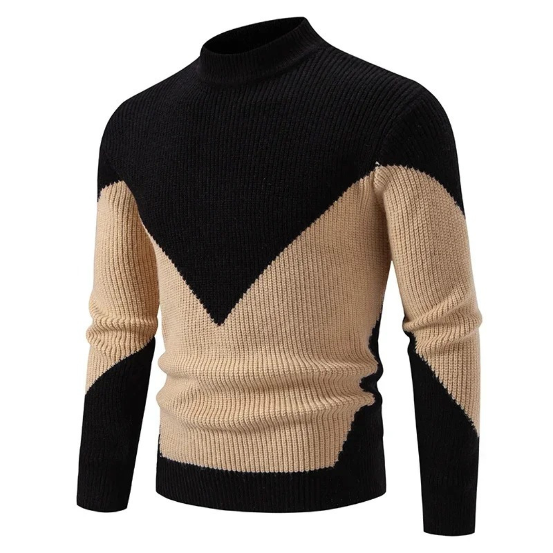Men's Knit Sweater With Geometric Pattern And Ribbed Texture Long Sleeve Crewneck