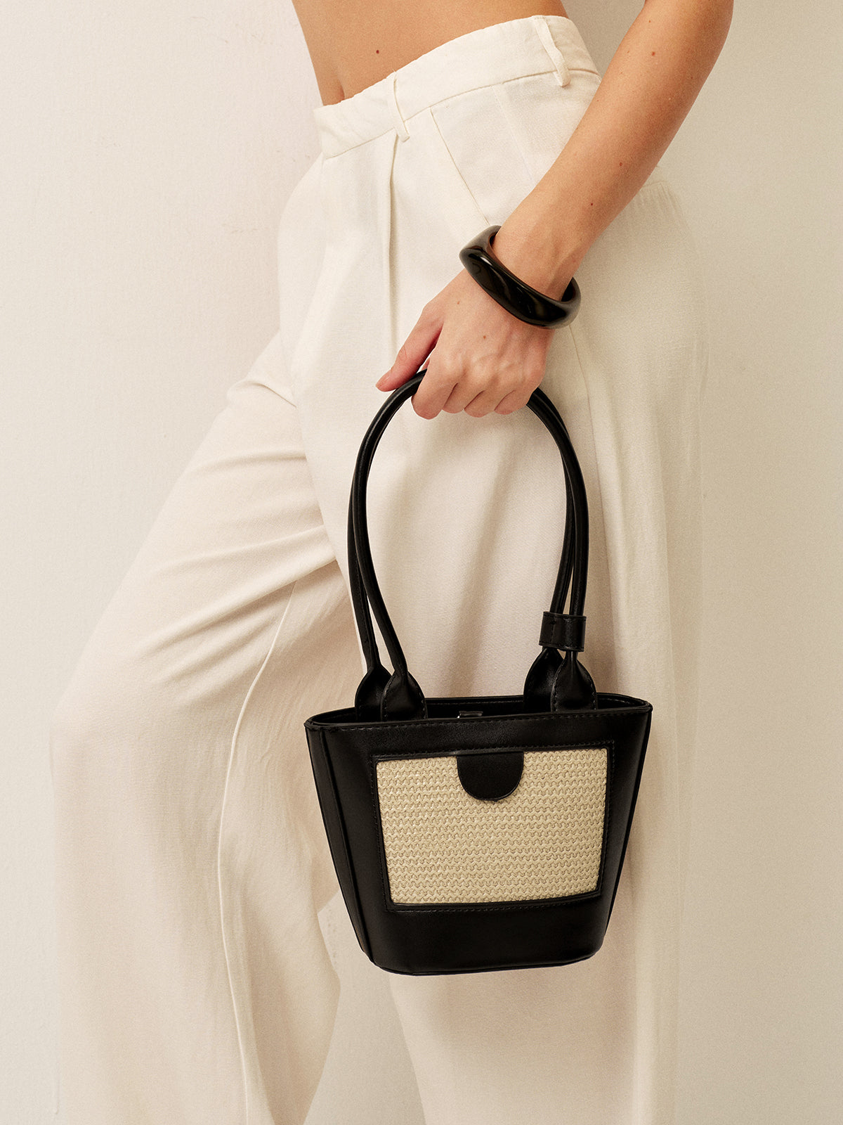 Two-Tone Woven Panel Tote Bag - Street-Wave