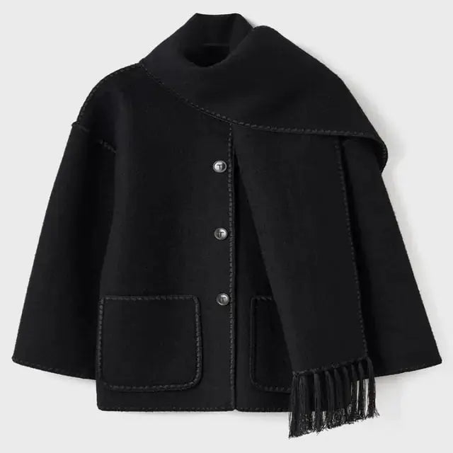 Street-wave Black Coat With Contrast Stitching Fringe And Relaxed Fit For Trendsetting Women