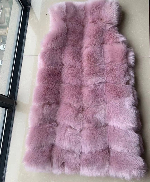 Street Wave Sleeveless Faux Fur Coat Longline O Neck Hidden Button Closure For Women Streetwear Fans