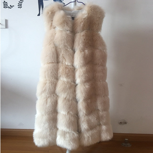Street Wave Sleeveless Faux Fur Coat Longline O Neck Hidden Button Closure For Women Streetwear Fans