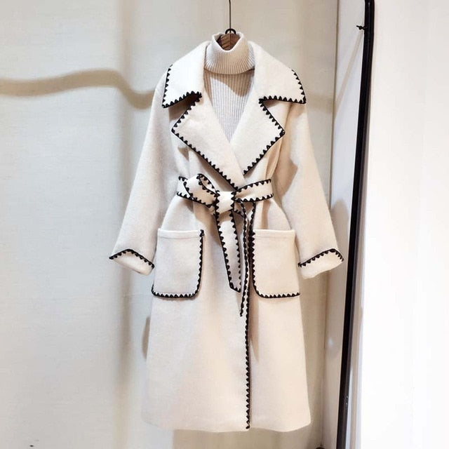 Street-Wave Belted Wool Coat With Embroidered Trim And Pockets For Streetwear Fans