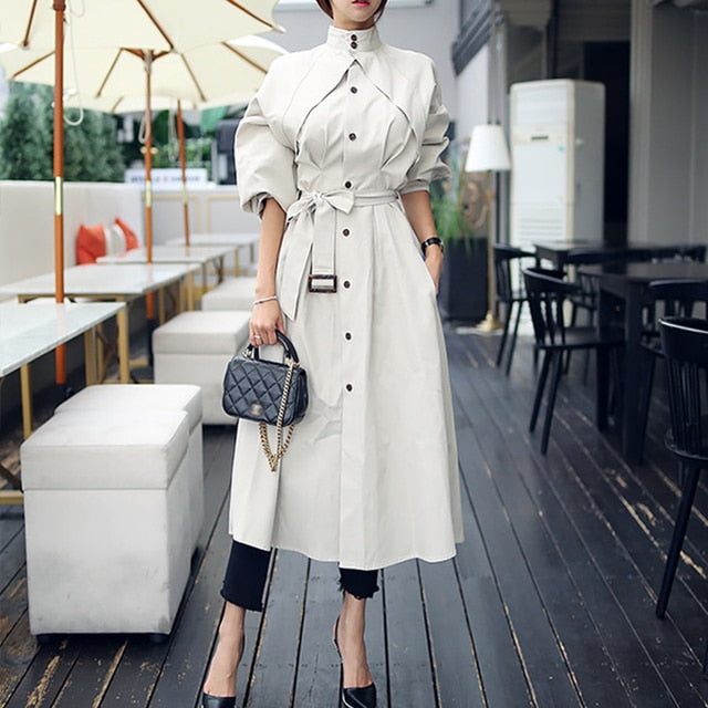 Street Wave Trench Coat For Women With Satin Waist Tie Premium Polyester Elegant Chic Outerwear