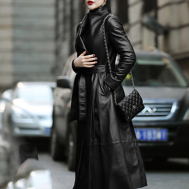 Street-Wave Women Long Chic Faux Leather Trench Coat With Adjustable Waist Belt And Pocket Detailing