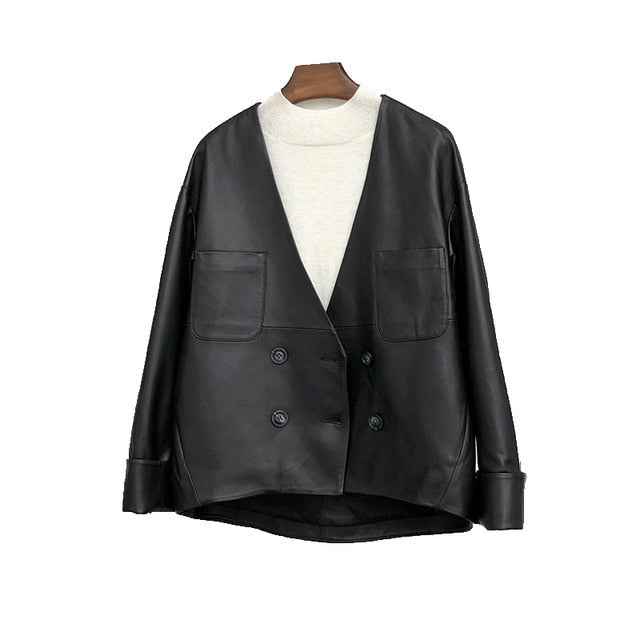 Street-wave PU Leather Jacket With Double Button V Neck And Decorative Collar For Women Casual Chic Outerwear