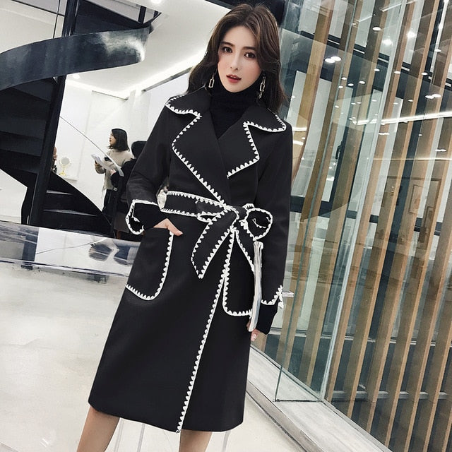 Street-Wave Belted Wool Coat With Embroidered Trim And Pockets For Streetwear Fans