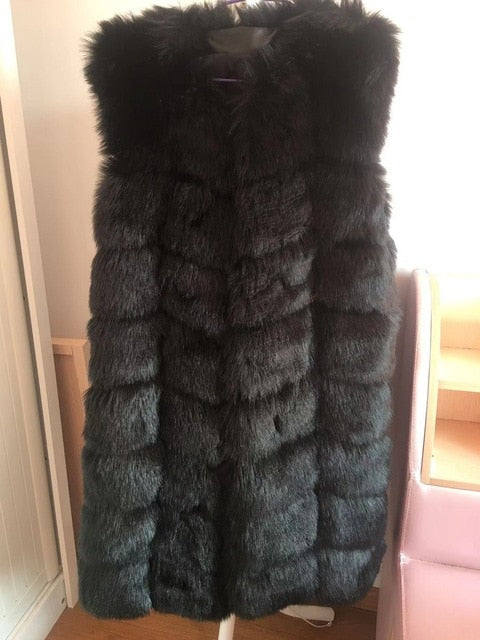Street Wave Sleeveless Faux Fur Coat Longline O Neck Hidden Button Closure For Women Streetwear Fans
