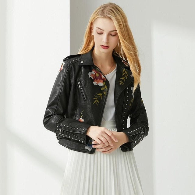 Street-Wave Floral Embroidered Faux Leather Jacket For Women With Zipper And Studded Details Streetwear Favorite