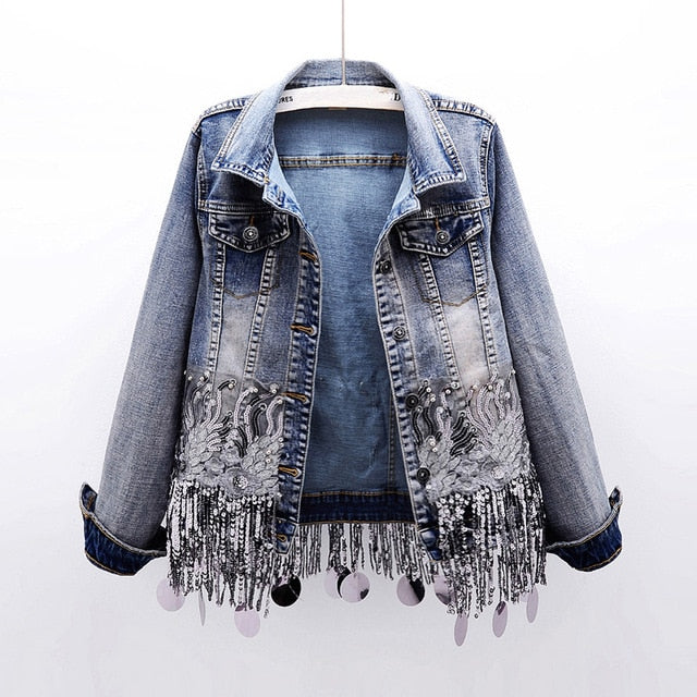 Streetwave Denim Jacket With Sequined Fringe Embellishment For Women Slim Fit Casual Outerwear