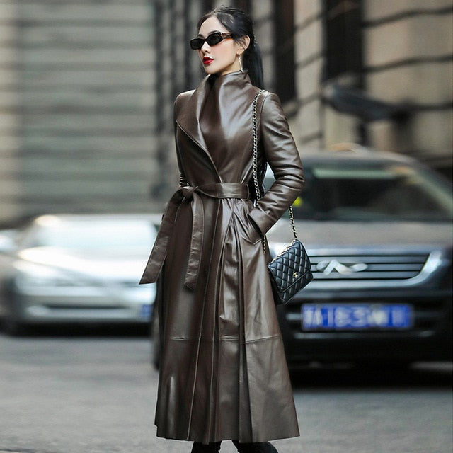 Street-Wave Women Long Chic Faux Leather Trench Coat With Adjustable Waist Belt And Pocket Detailing