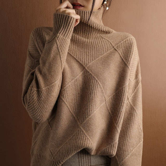 Street-wave Geometric Knit Sweater Cozy Turtleneck For Women Modern Everyday Essential