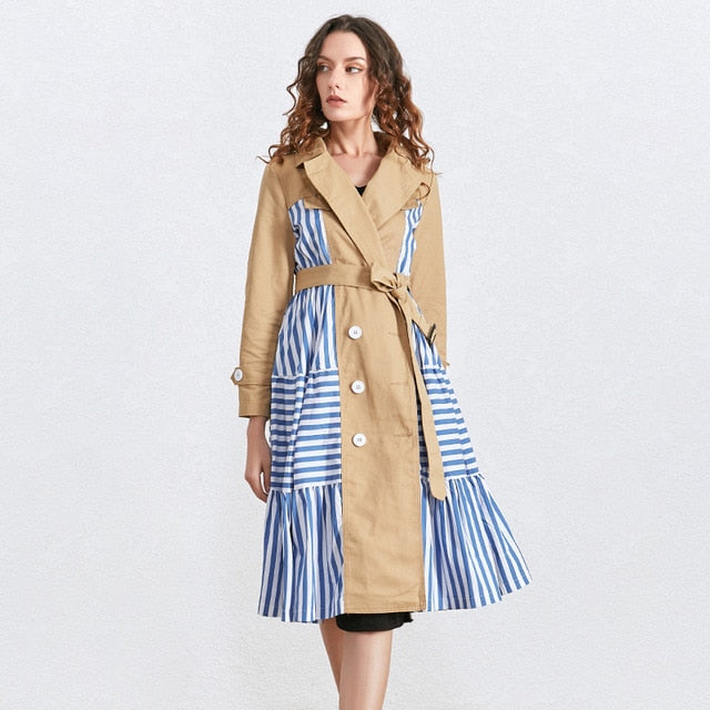 Street-Wave A-Line Trench Coat With Patchwork Stripe Panels For Women Belted Long Office Chic