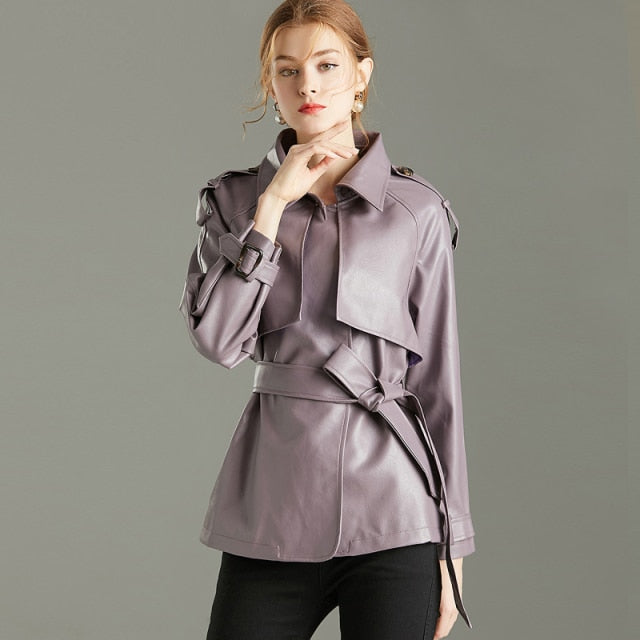 Street-Wave Faux Leather Coat With Satin Trim For Women Versatile Day To Night Chic