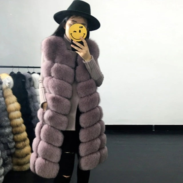 Street Wave Sleeveless Faux Fur Coat Longline O Neck Hidden Button Closure For Women Streetwear Fans