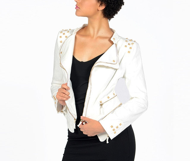 Street-Wave Funky Soul Cotton Jacket With Zipper And V-Neck For Women Studded Shoulders