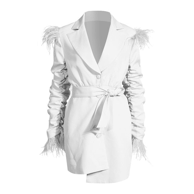 Street Wave Feather Trim Dramatic Belted Coat With Lapel Collar For Bold Fashion Lovers