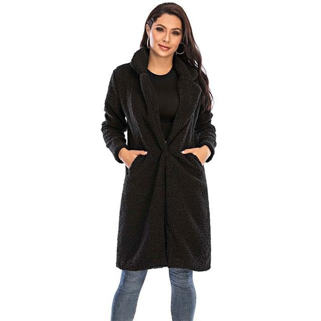 Street-wave Long Faux Fur Coat For Women Warm Cozy Winter Outerwear With Foldable Collar