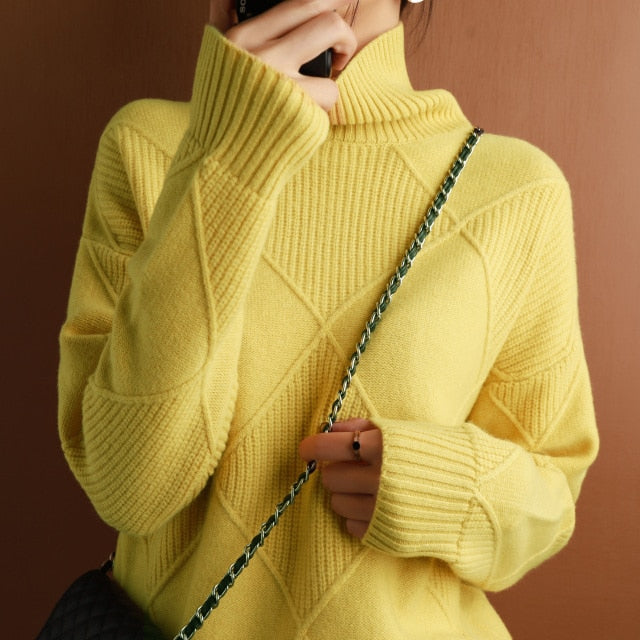 Street-wave Geometric Knit Sweater Cozy Turtleneck For Women Modern Everyday Essential
