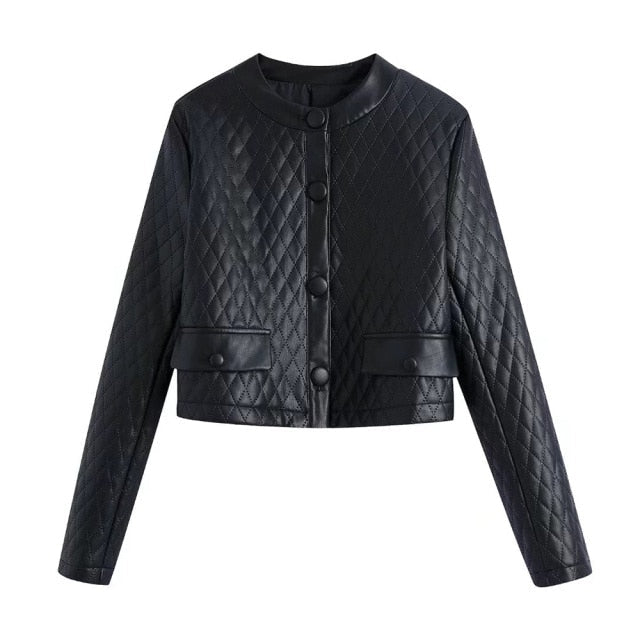 Quilted Faux Leather Jacket Street-Wave for Style-Conscious Women, Tailored Fit, Elegant Argyle Pattern