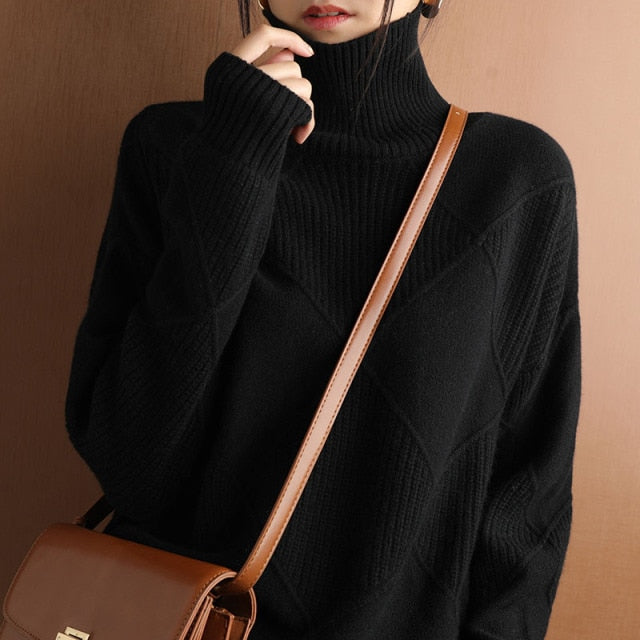 Street-wave Geometric Knit Sweater Cozy Turtleneck For Women Modern Everyday Essential