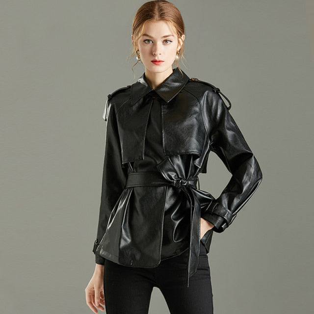 Street-Wave Faux Leather Coat With Satin Trim For Women Versatile Day To Night Chic