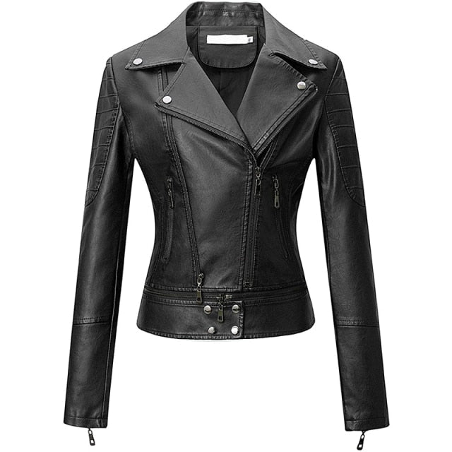 Street-Wave PU Leather Jacket Women's Color Block Orange Back Panel Slim Fit Comfort