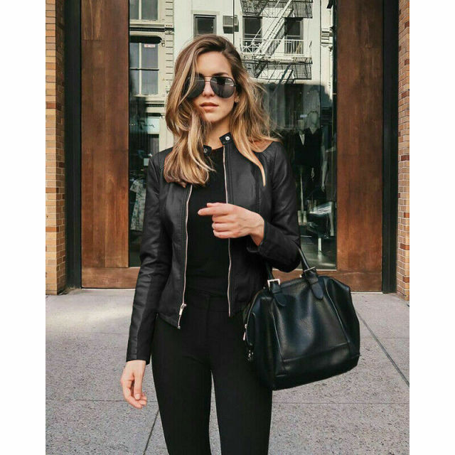 Street-Wave PU Leather Jacket Women's Color Block Orange Back Panel Slim Fit Comfort