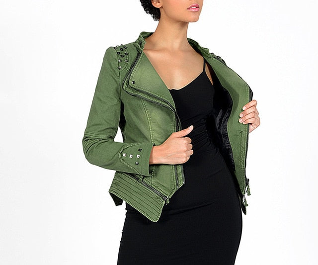 Street-Wave Funky Soul Cotton Jacket With Zipper And V-Neck For Women Studded Shoulders