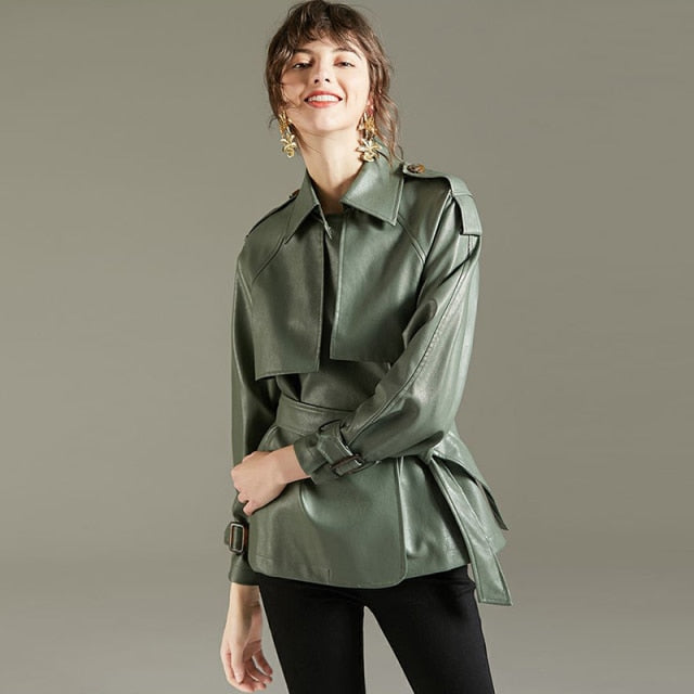 Street-Wave Faux Leather Coat With Satin Trim For Women Versatile Day To Night Chic