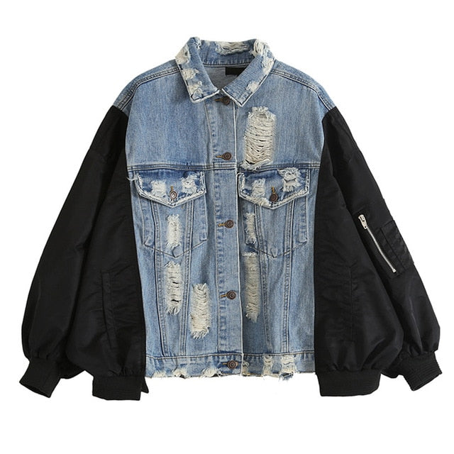 Streetwave Vintage Ripped Denim Jacket With Black Balloon Sleeves For Streetwear Fans And Trendsetters