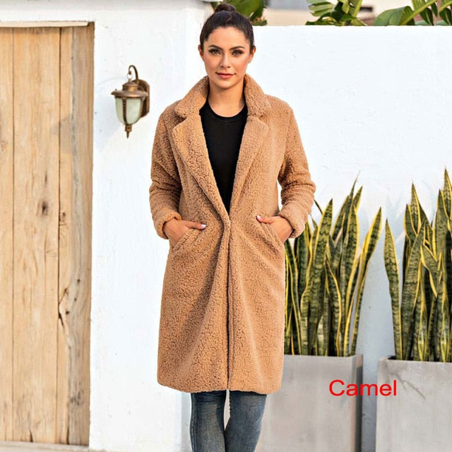 Street-wave Long Faux Fur Coat For Women Warm Cozy Winter Outerwear With Foldable Collar