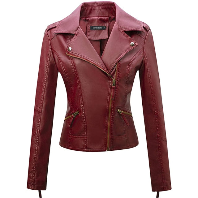 Street-Wave PU Leather Jacket Women's Color Block Orange Back Panel Slim Fit Comfort