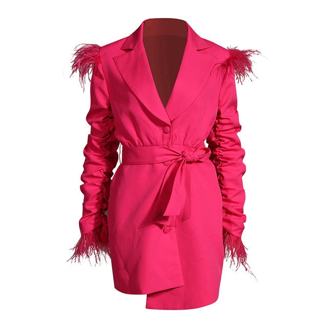 Street Wave Feather Trim Dramatic Belted Coat With Lapel Collar For Bold Fashion Lovers