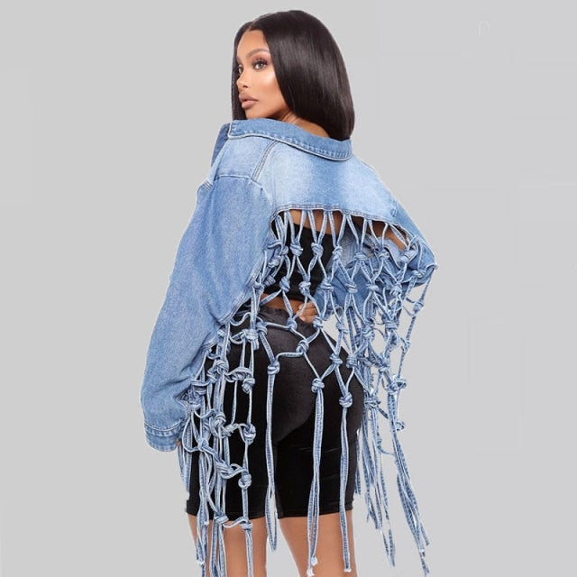 Street-wave Denim Jacket With Tassel Fringe And Bold Back Perforation For Edgy Fashion Forward Fans