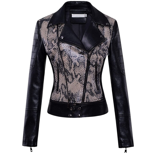 Street-Wave PU Leather Jacket Women's Color Block Orange Back Panel Slim Fit Comfort