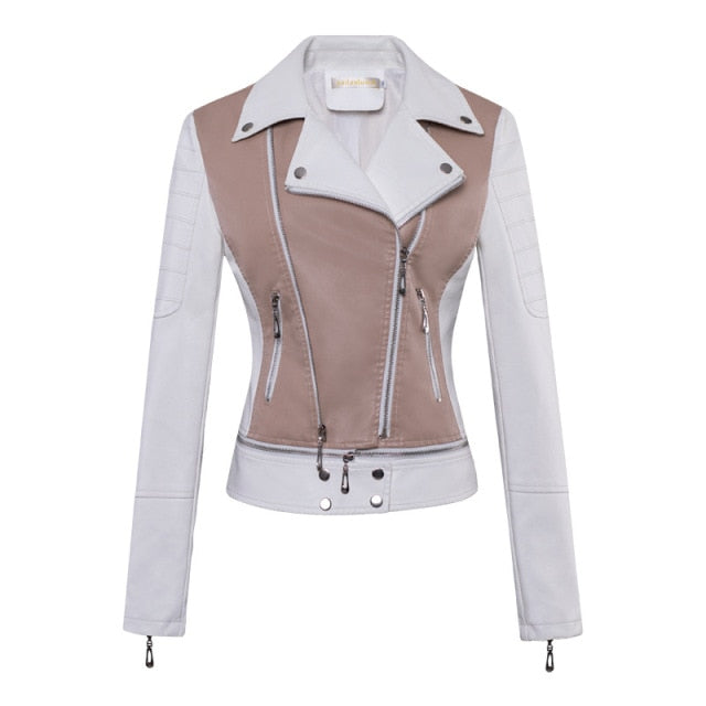 Street-Wave PU Leather Jacket Women's Color Block Orange Back Panel Slim Fit Comfort