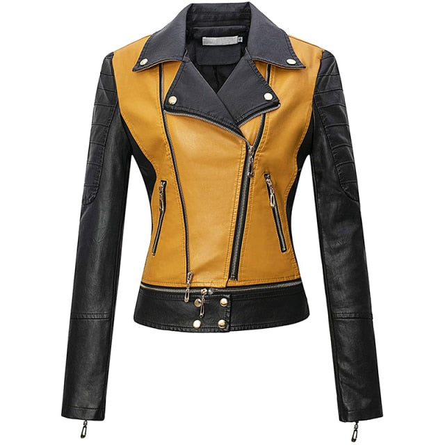 Street-Wave PU Leather Jacket Women's Color Block Orange Back Panel Slim Fit Comfort