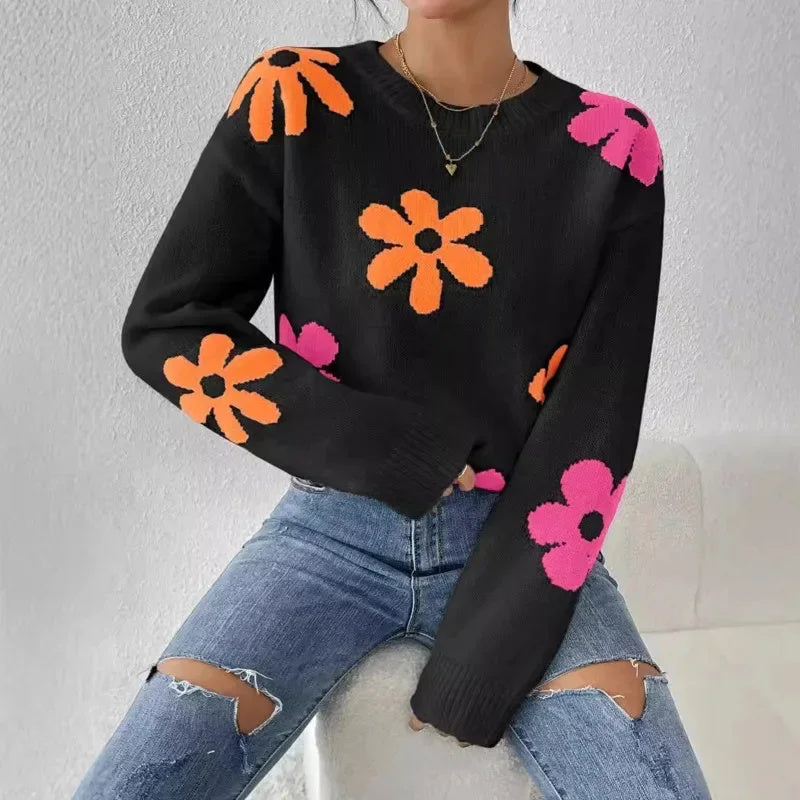 Floral Sweater Cozy Loose Fit Knit Pullover By Street Wave For Women Winter Wardrobe
