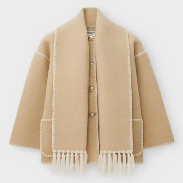 Street-wave Black Coat With Contrast Stitching Fringe And Relaxed Fit For Trendsetting Women