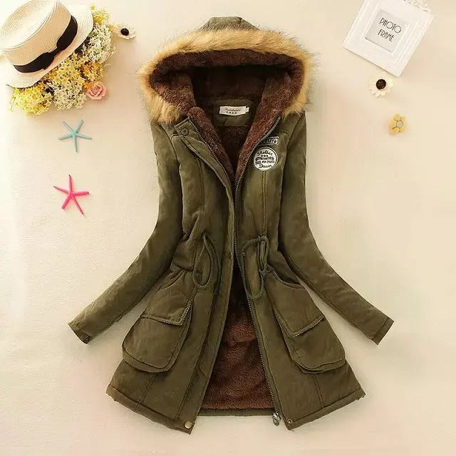 Street-Wave Hooded Padded Cotton Jacket Women Warm Fur Trim
