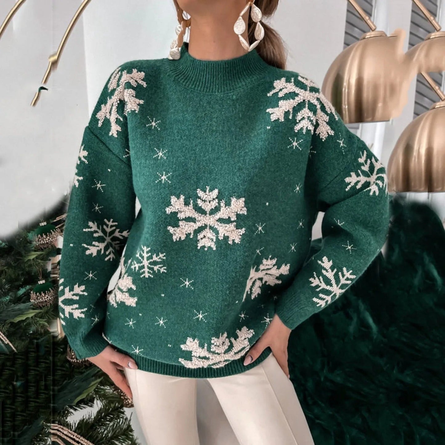 Street Wave Snowflake Knit Sweater For Women Cozy Winter Warmth In Soft Acrylic Blend