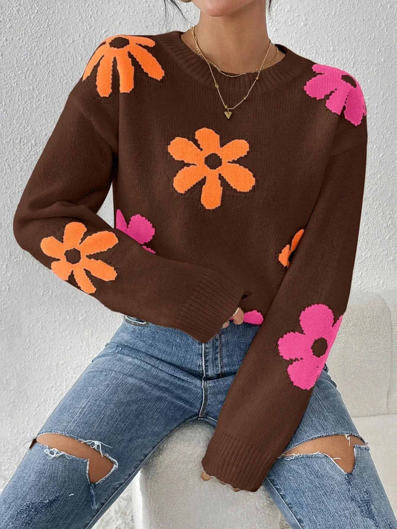 Street Wave Floral Knit Sweater For Women Cozy Soft Stretchy Pullover With Pink Floral Print